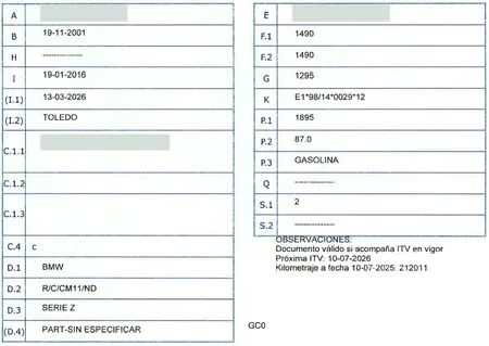 Espanha · Permiso de circulación · frente com dados e especificações · exemplo da Legaliza na Hora com dados ocultados