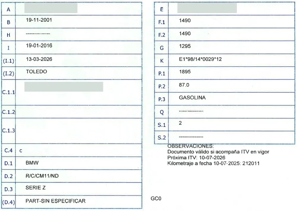 Espanha · Permiso de circulación · frente com dados e especificações · exemplo da Legaliza na Hora com dados ocultados