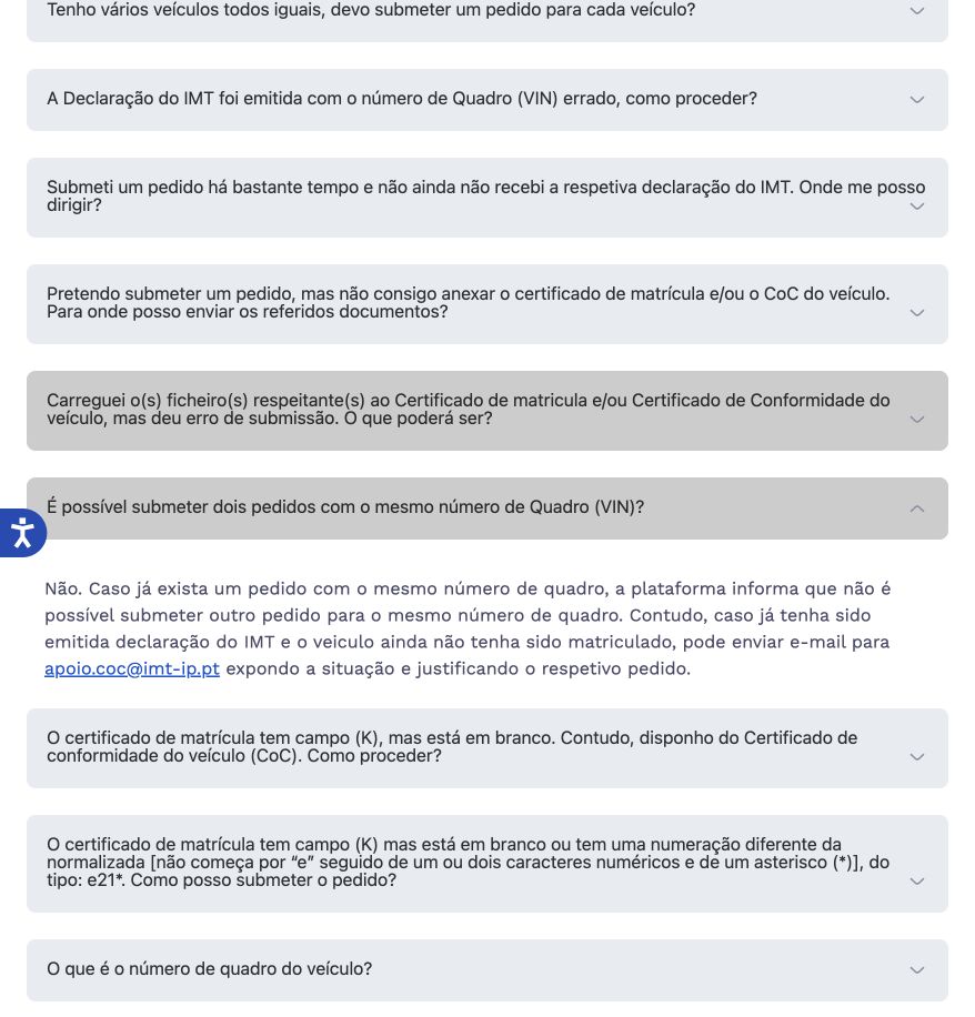 Print da FAQ oficial do IMT sobre pedidos repetidos para o mesmo número de quadro.