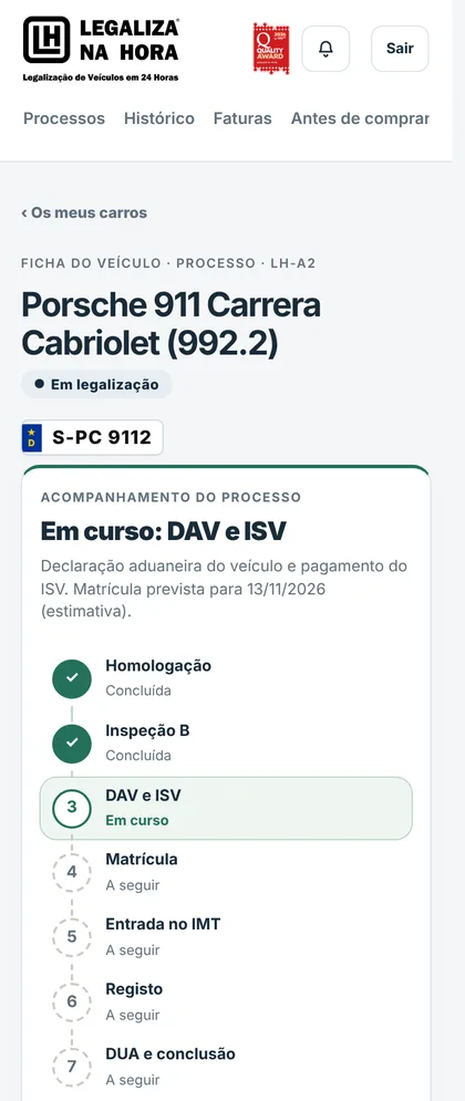 Ecrã da app da Legaliza na Hora com as etapas da legalização de um carro
