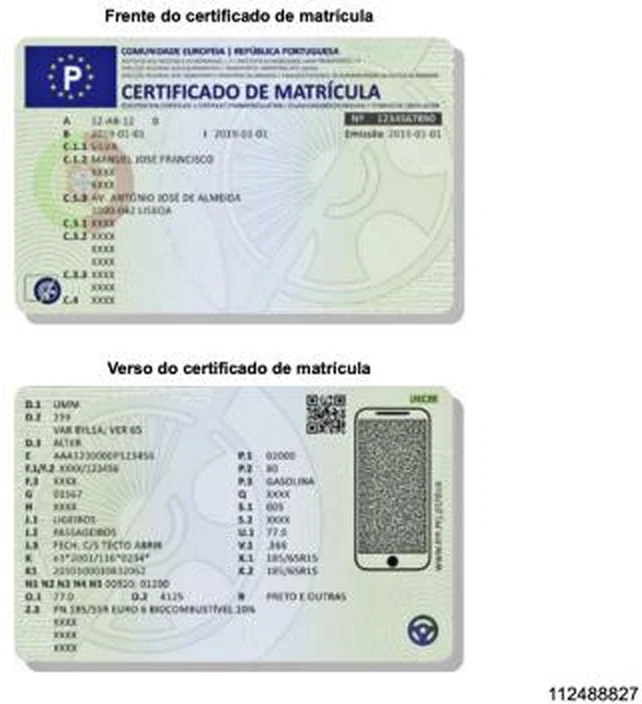 Frente e verso do certificado de matrícula português, modelo oficial em cartão