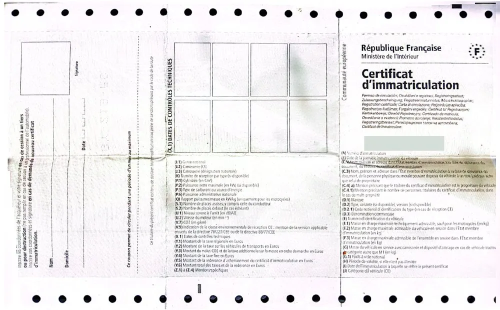 Certificat d'immatriculation, verso, exemplo real de um carro de França legalizado por nós